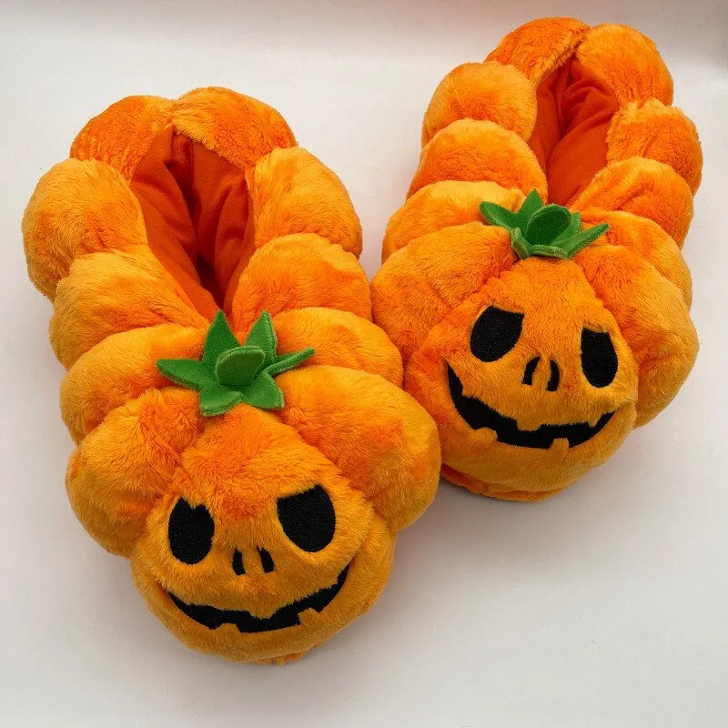 Pumpkin Teddy Bear Plush Slippers: Winter Indoor Footwear