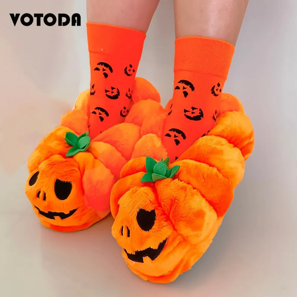 Pumpkin Teddy Bear Plush Slippers: Winter Indoor Footwear