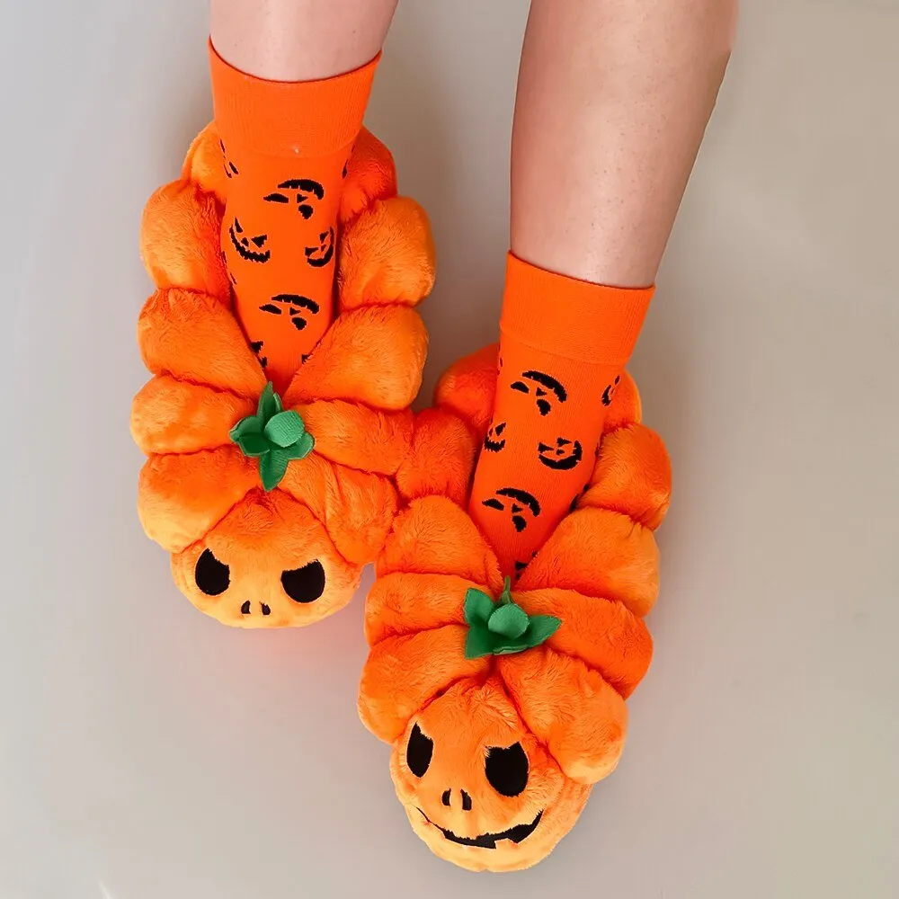Pumpkin Teddy Bear Plush Slippers: Winter Indoor Footwear