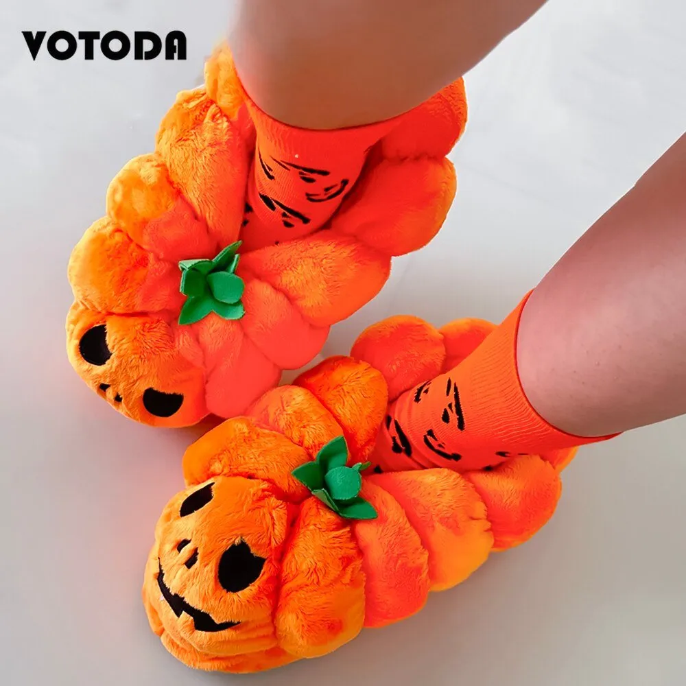 Pumpkin Teddy Bear Plush Slippers: Winter Indoor Footwear
