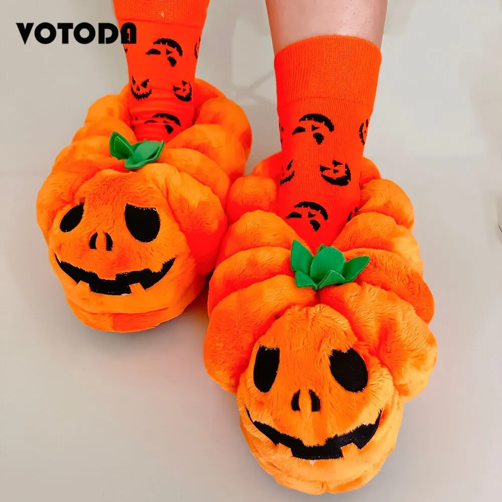 Pumpkin Teddy Bear Plush Slippers: Winter Indoor Footwear