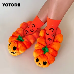 Pumpkin Teddy Bear Plush Slippers: Winter Indoor Footwear