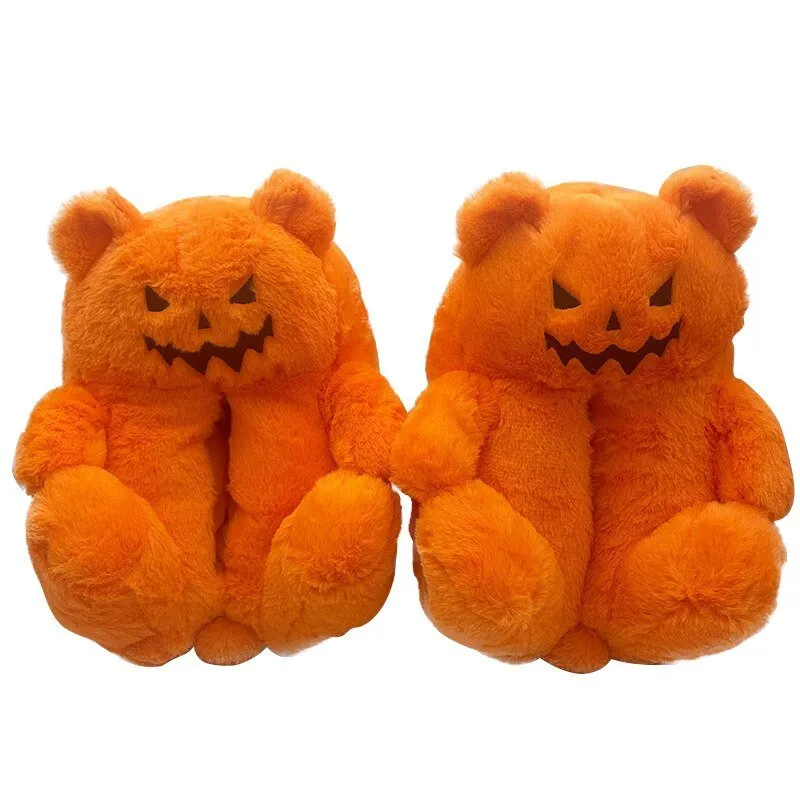 Pumpkin Teddy Bear Plush Slippers: Winter Indoor Footwear