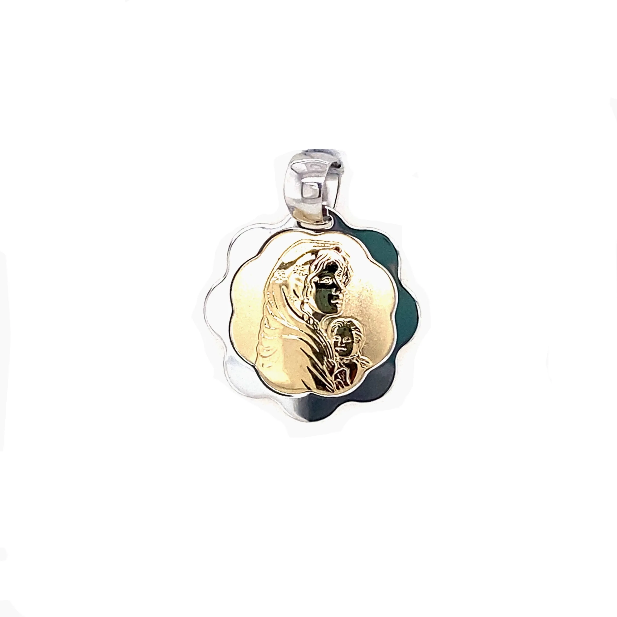 Round Scalloped Edge Madonna Medal - 14kt Two-Tone Gold