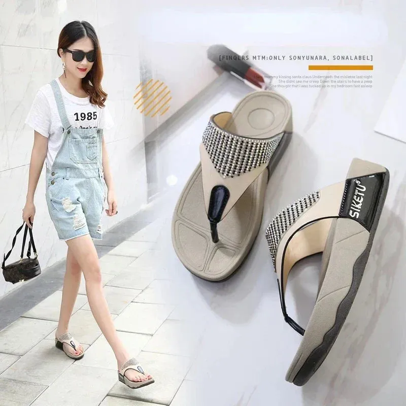 Summer women's rhinestone patterned flip flops