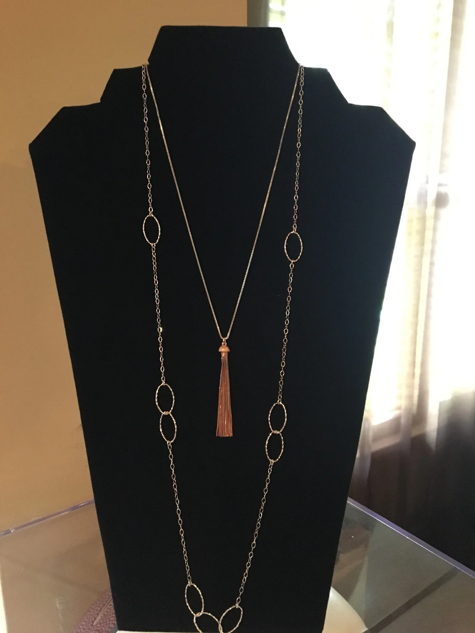 Two Tone Snake Chain Tassel Necklace w/Rose Gold