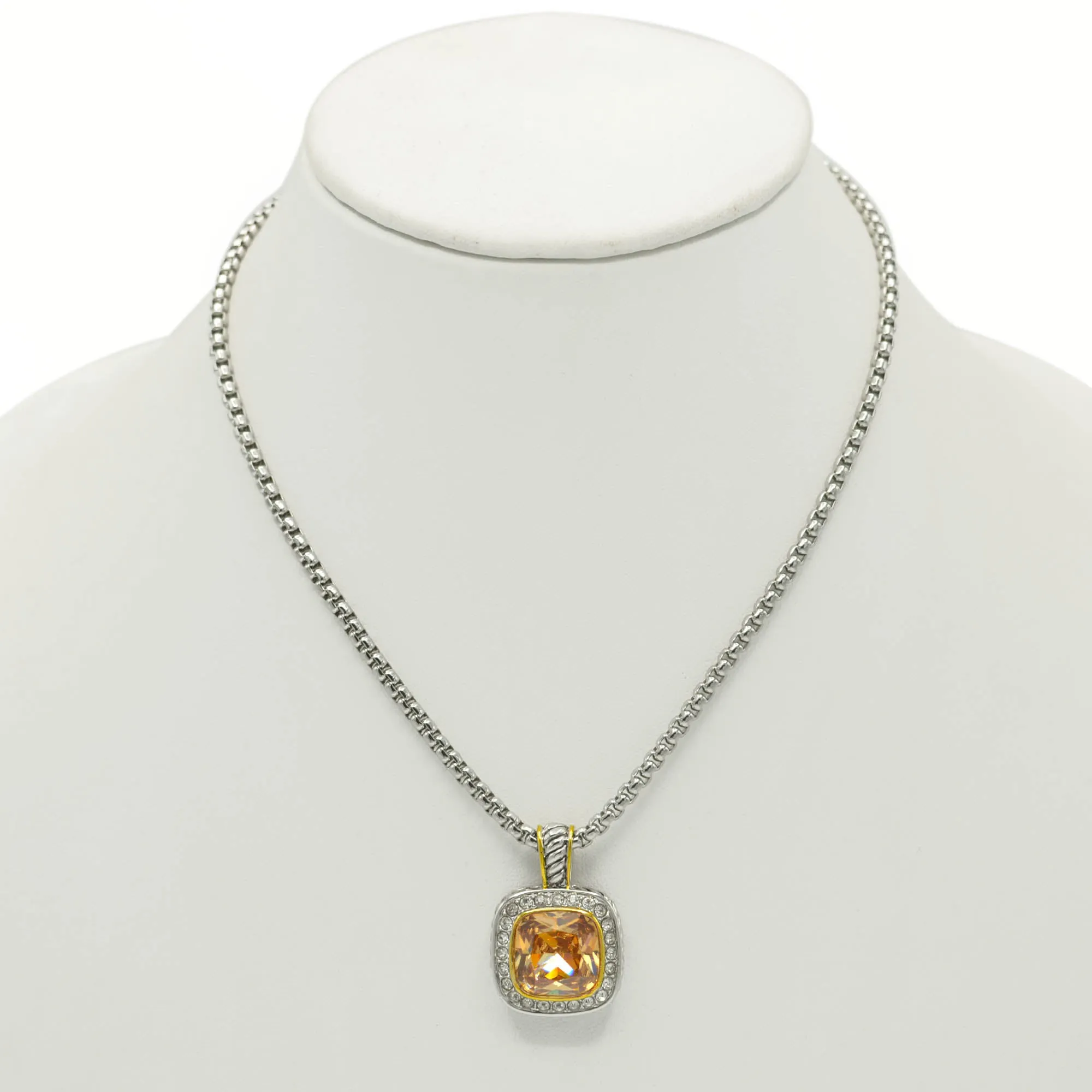 TWO TONE SQUARE CHAMPAGNE CRYSTAL AND RHINESTONES ENGRAVED PENDANT BOX CHAIN NECKLACE#93099EH-CHA(FF16)