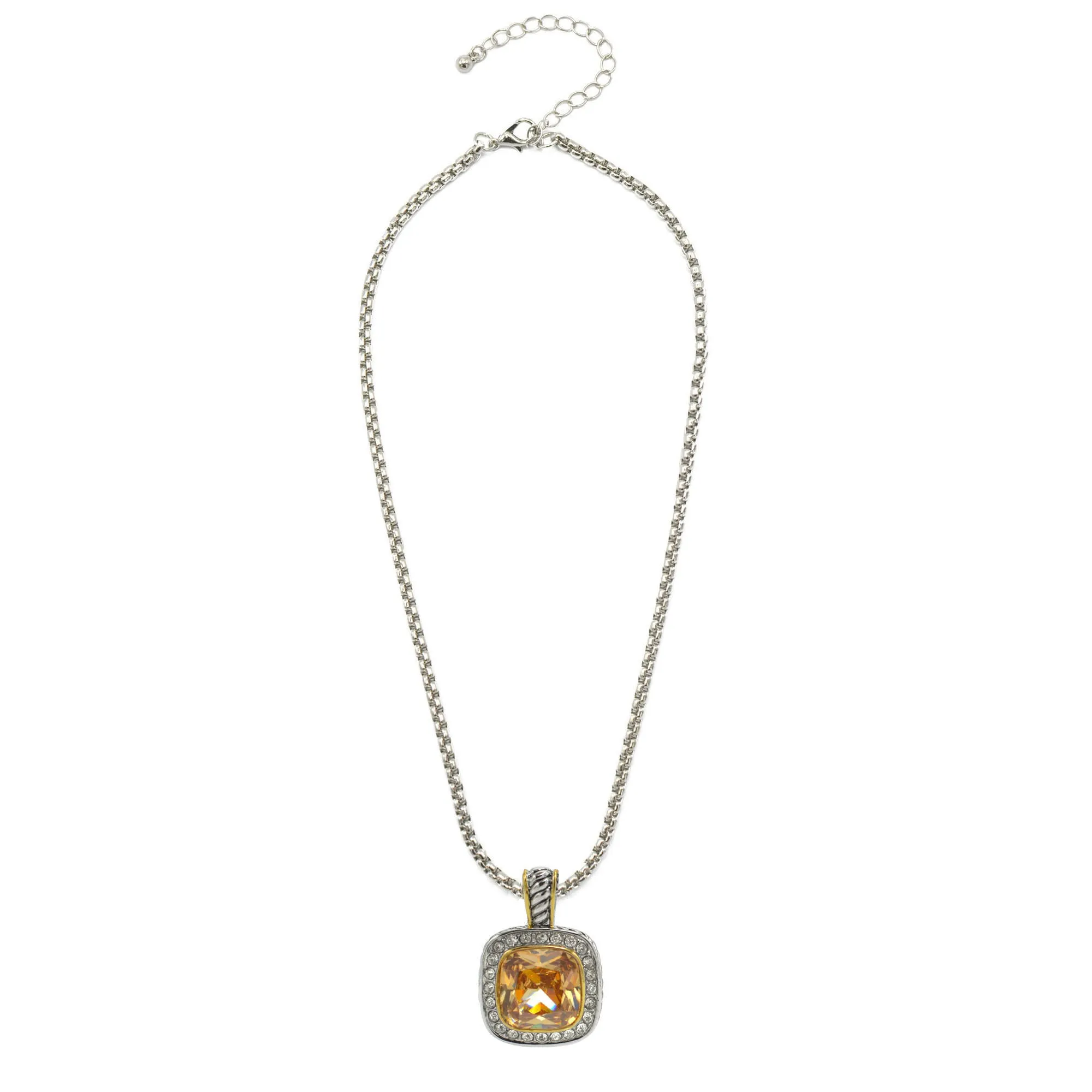 TWO TONE SQUARE CHAMPAGNE CRYSTAL AND RHINESTONES ENGRAVED PENDANT BOX CHAIN NECKLACE#93099EH-CHA(FF16)