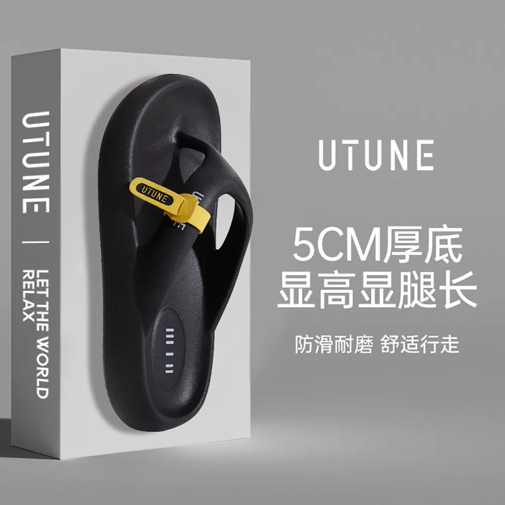 UTUNE Thick-Soled Height-Increasing Flip Flops - Obsidian Black, Size 41-42
