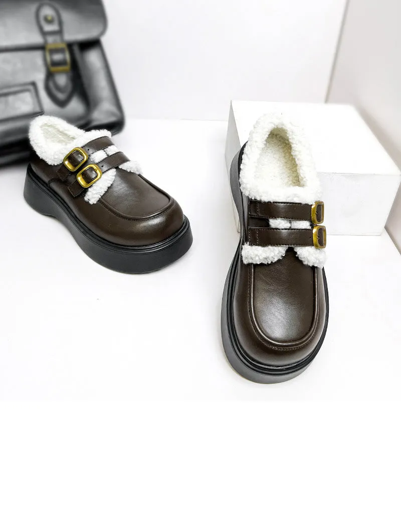 Winter Double Buckle Wide Toe Box Loafers With Fur