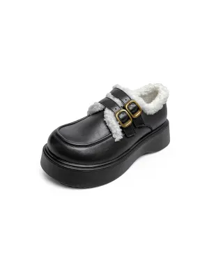 Winter Double Buckle Wide Toe Box Loafers With Fur