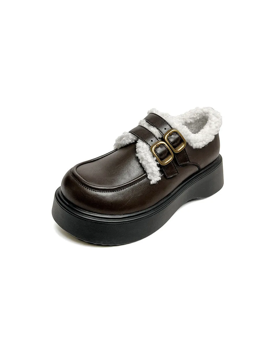 Winter Double Buckle Wide Toe Box Loafers With Fur