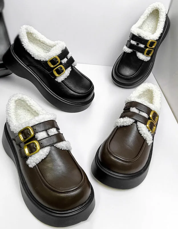 Winter Double Buckle Wide Toe Box Loafers With Fur