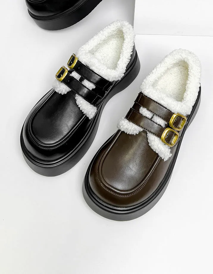 Winter Double Buckle Wide Toe Box Loafers With Fur