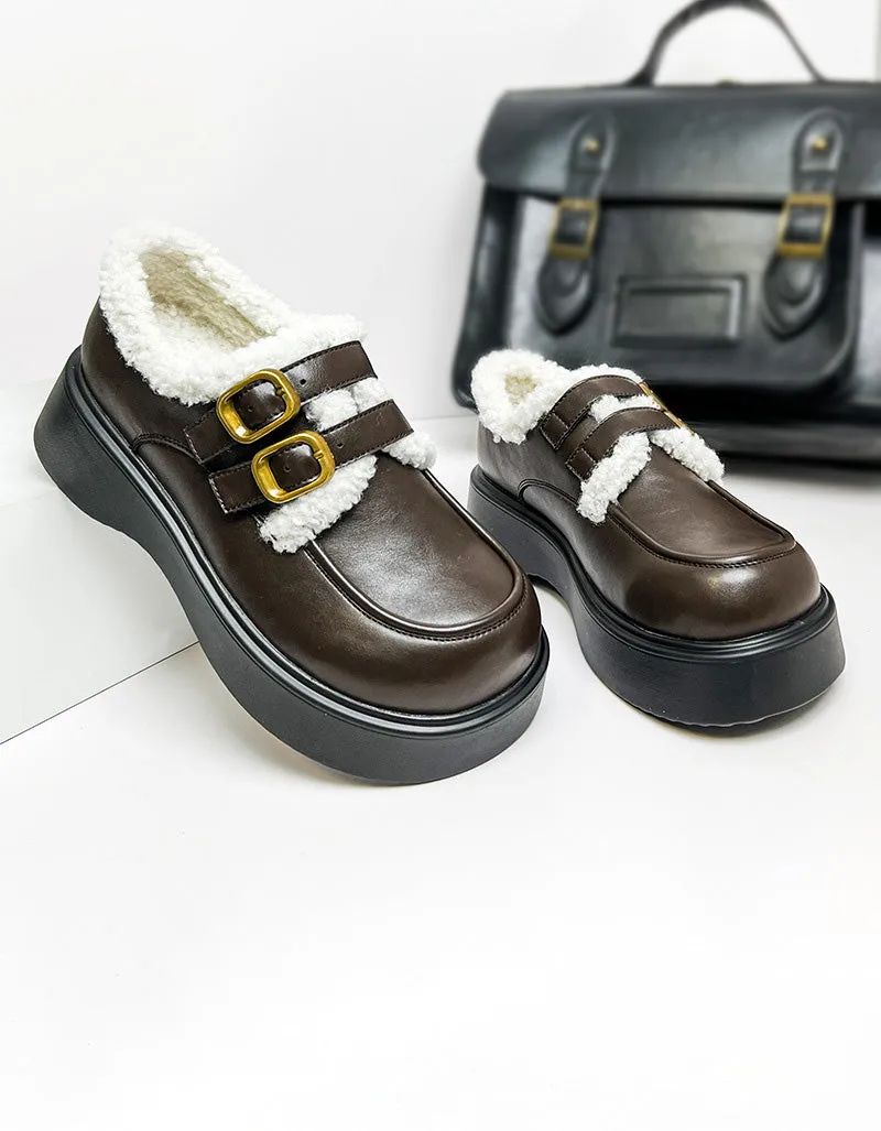 Winter Double Buckle Wide Toe Box Loafers With Fur