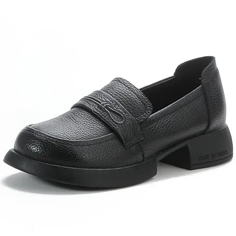 Women Retro Genuine Leather Mid Heel Thick Sole Platform Loafers
