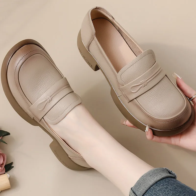 Women Retro Genuine Leather Mid Heel Thick Sole Platform Loafers