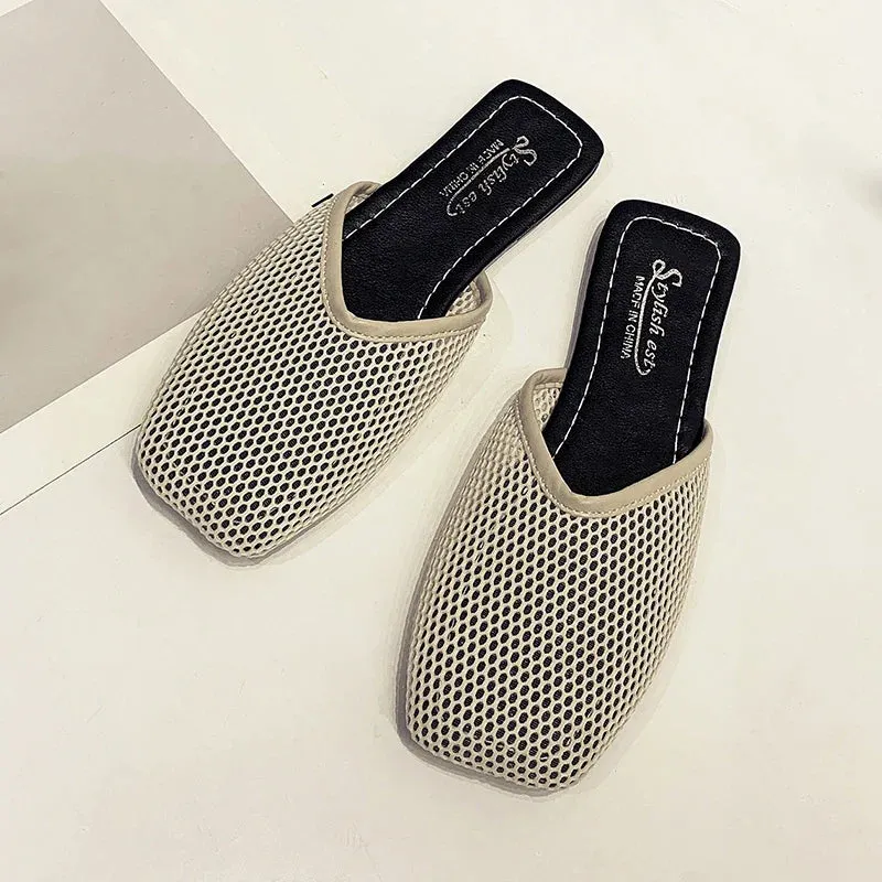 Women Slippers Sexy Mesh Mules Indoor Home Slides Square Toe Female Flats Shoes Outdoor Clogs Beach Sandals