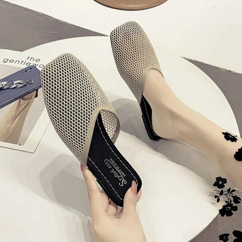 Women Slippers Sexy Mesh Mules Indoor Home Slides Square Toe Female Flats Shoes Outdoor Clogs Beach Sandals
