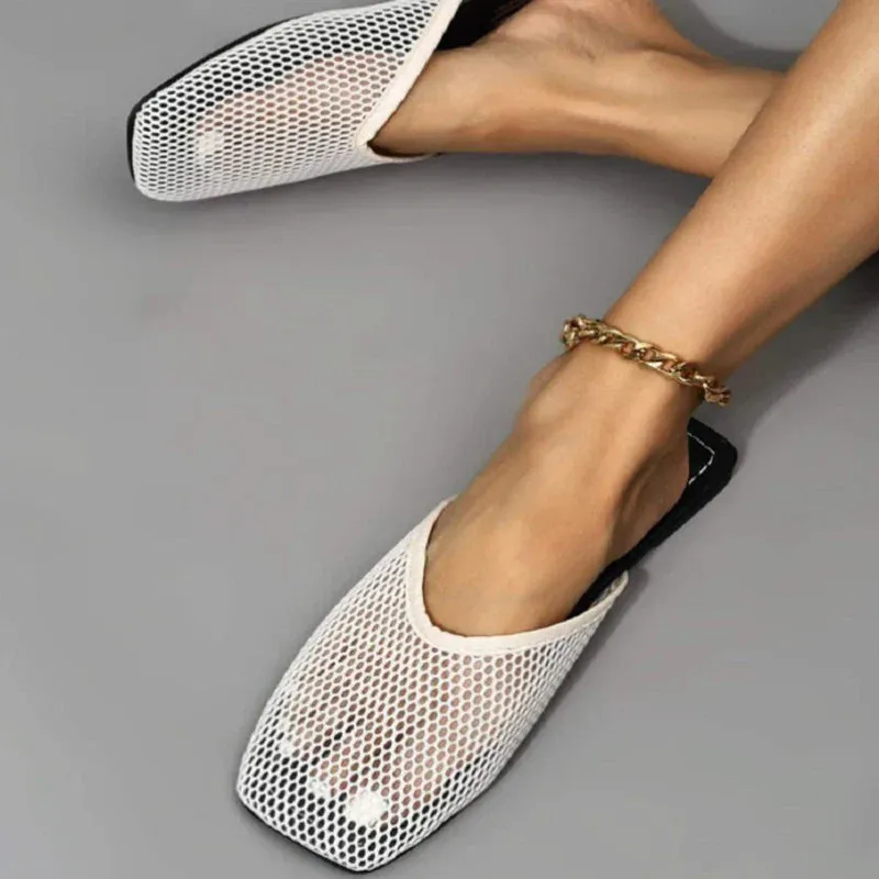 Women Slippers Sexy Mesh Mules Indoor Home Slides Square Toe Female Flats Shoes Outdoor Clogs Beach Sandals
