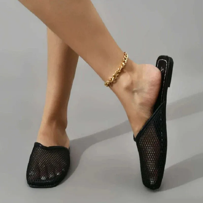 Women Slippers Sexy Mesh Mules Indoor Home Slides Square Toe Female Flats Shoes Outdoor Clogs Beach Sandals