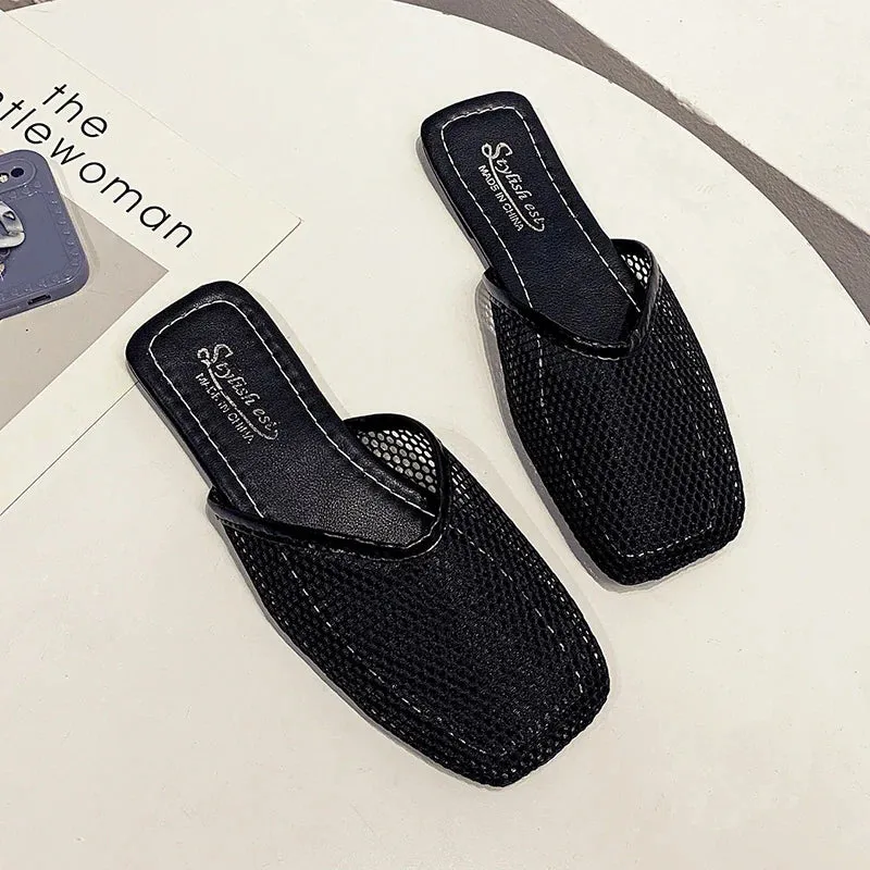 Women Slippers Sexy Mesh Mules Indoor Home Slides Square Toe Female Flats Shoes Outdoor Clogs Beach Sandals