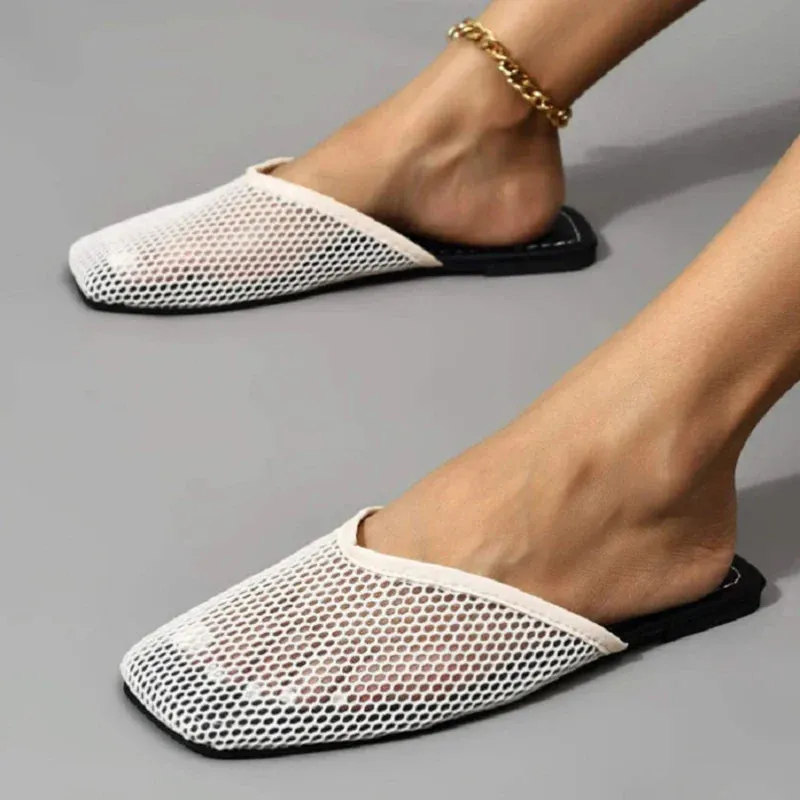 Women Slippers Sexy Mesh Mules Indoor Home Slides Square Toe Female Flats Shoes Outdoor Clogs Beach Sandals
