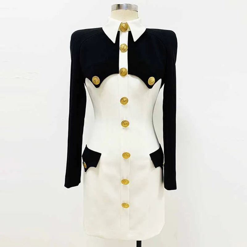 Womne Short Buttoned Mini Dress Gold Button Long Sleeve Dress