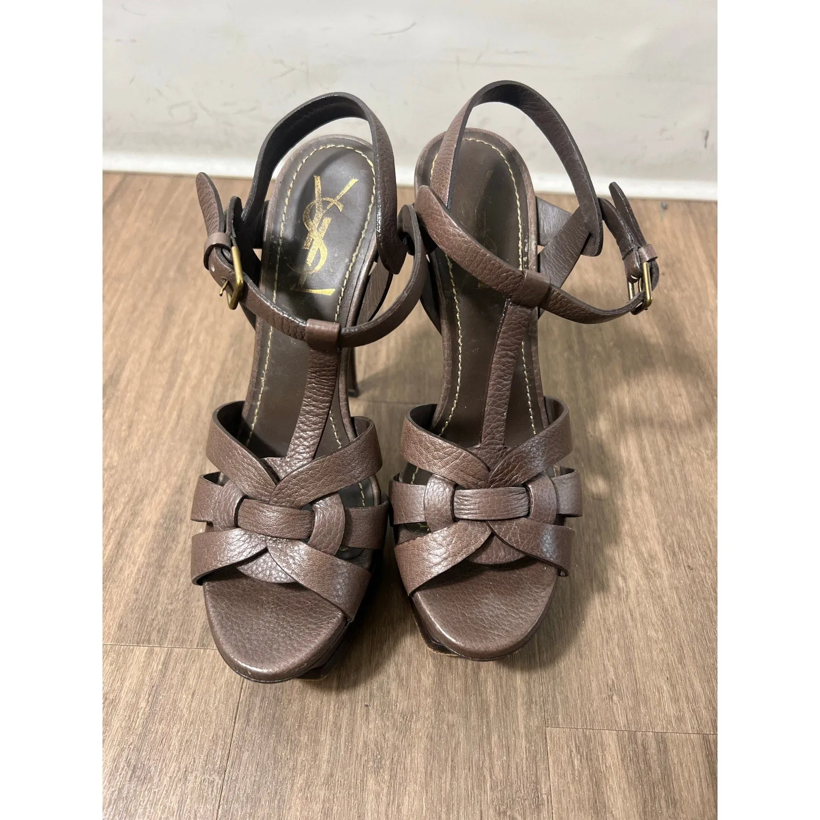 YSL Brown Leather Platform Heel Sandals Sz 36 (5.5)
